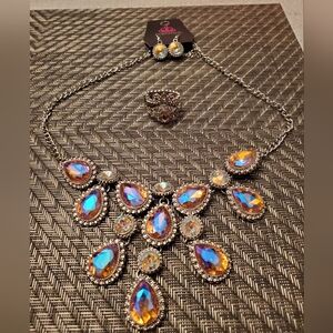 Paparazzi Bling Silver Costume Necklace, Earrings and Stretch Ring